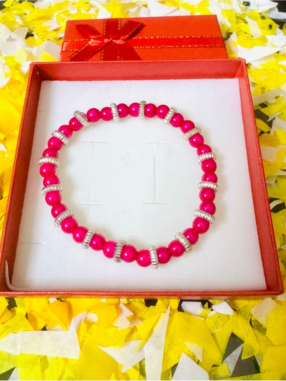 Hot Pink Beaded Stretch Bracelet with Silver Accents